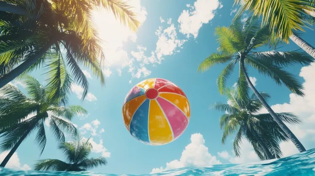 Farbenfroher Strandball über tropischer Strandszene