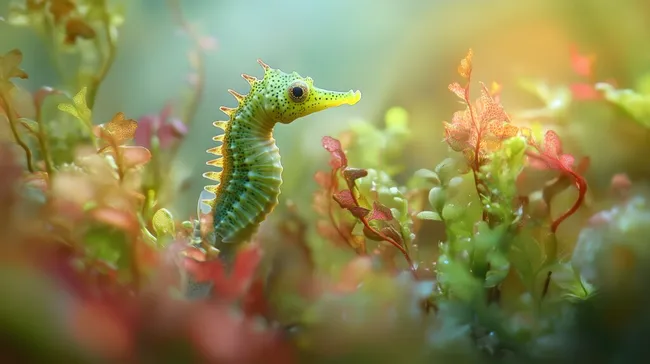 Farbenfroher Unterwasser-Dinosaurier zwischen bunten Pflanzen
