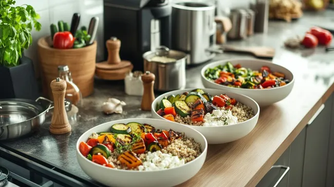 Farbenfroher vegetarischer Couscous-Salat in moderner Küche