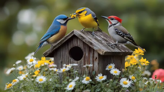 Farbenfroher Vogelgarten mit Nisthäuschen