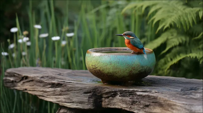 Farbenfrohes Bild eines Eisvogels an einer hölzernen Vogeltränke
