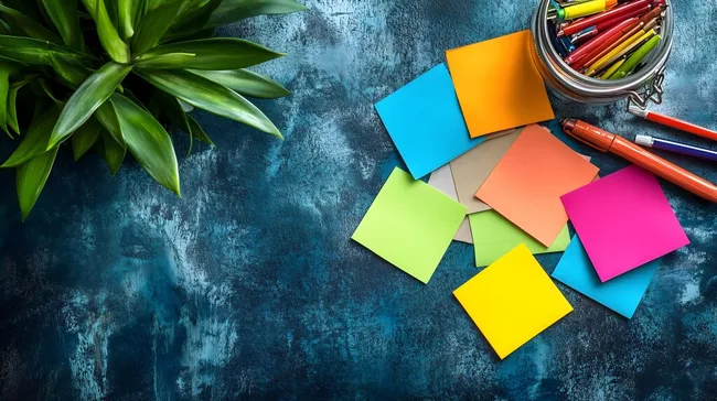 Farbenfrohes Büroaccessoire-Set auf Betonhintergrund