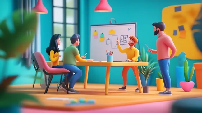 Farbenfrohes Büroambiente mit kreativem Coworking-Team