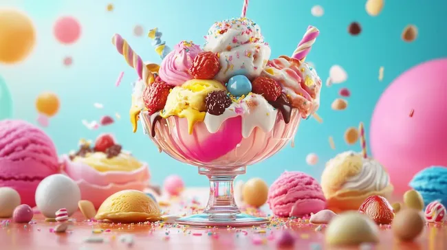 Farbenfrohes Eisbecher-Stillleben mit Fruchttopping