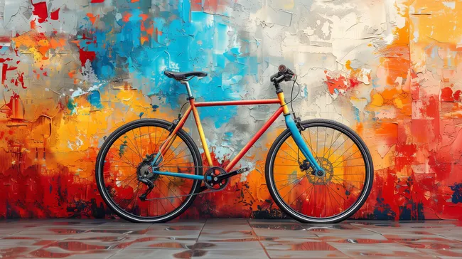 Farbenfrohes Fahrrad vor abstraktem Gemälde