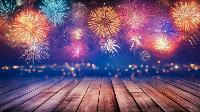 Farbenfrohes Feuerwerk über Holzdeck in der Nacht