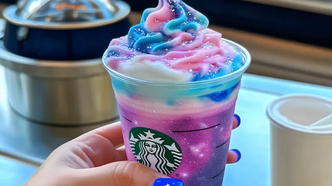 Farbenfrohes Galaxy Frappuccino mit Sternenglitzer