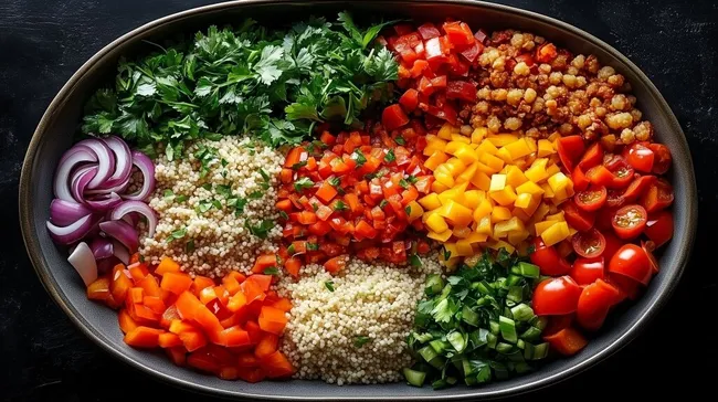 Farbenfrohes Gemüsebett mit Couscous in rustikaler Schüssel