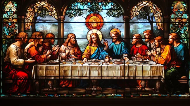 Farbenfrohes Glasfenster mit letztem Abendmahl Christi