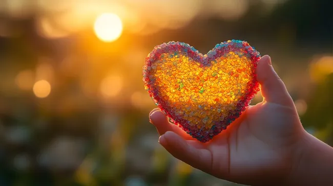 Farbenfrohes Herzdekor im warmen Abendlicht