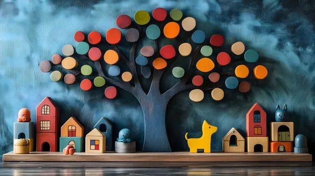 Farbenfrohes Holzspielzeugarrangement für Kinderzimmer