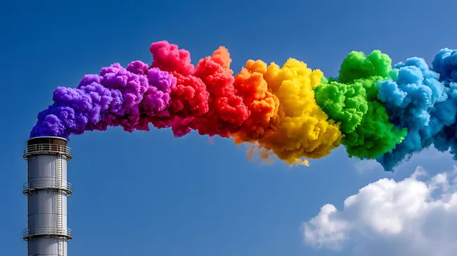 Farbenfrohes Industriepanorama mit bunter Rauchfahne