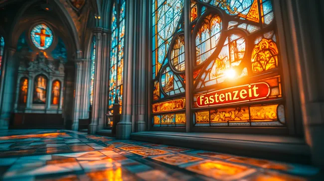 Farbenfrohes Kirchenfenster mit Fastenzeit-Schriftzug