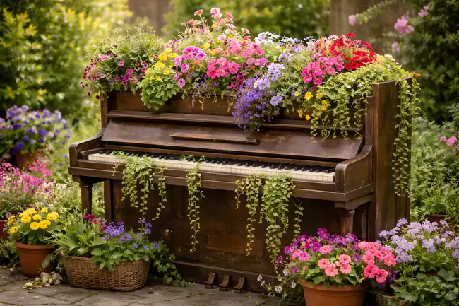Farbenfrohes Klaviergarten-Motiv mit blühenden Pflanzen