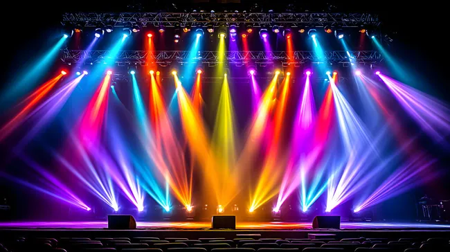 Farbenfrohes Konzertbühnenspektakel mit bunten Scheinwerfern