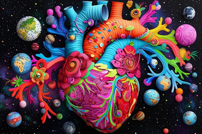 Farbenfrohes, künstlerisches Herz-Motiv mit Planeten und Blumen