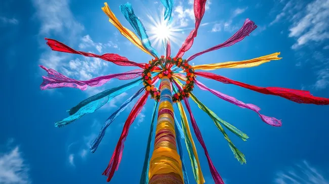 Farbenfrohes Maibaum-Dekor vor blauem Himmel