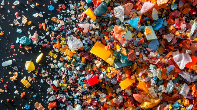 Farbenfrohes Mikroplastik-Mosaik auf schwarzem Hintergrund