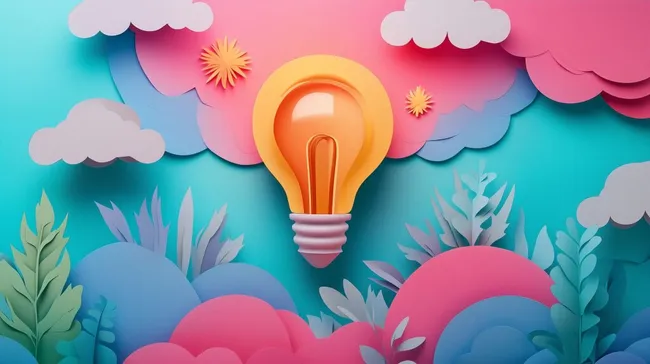 Farbenfrohes Papierkunstwerk mit kreativer Glühbirne