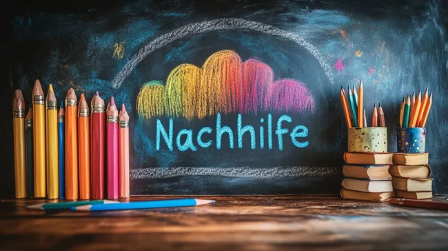 Farbenfrohes Schultafel-Arrangement mit Malutensilien