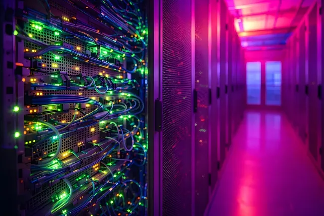 Farbenfrohes Serverrack im modernen Rechenzentrum