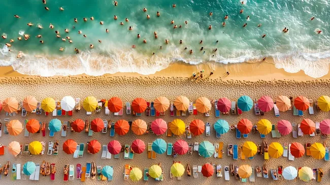 Farbenfrohes Strandbild mit Sonnenschirmen und Badegästen