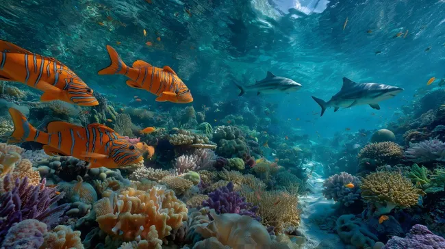 Farbenfrohes Unterwasserparadies: Korallenriff mit Mandarinfischen und Haien
