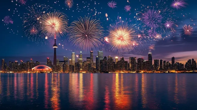 Farbenprächtige Feuerwerksshow über der beleuchteten Skyline von Toronto