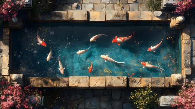 Farbenprächtige Koi-Fische in idyllischem Gartenteich