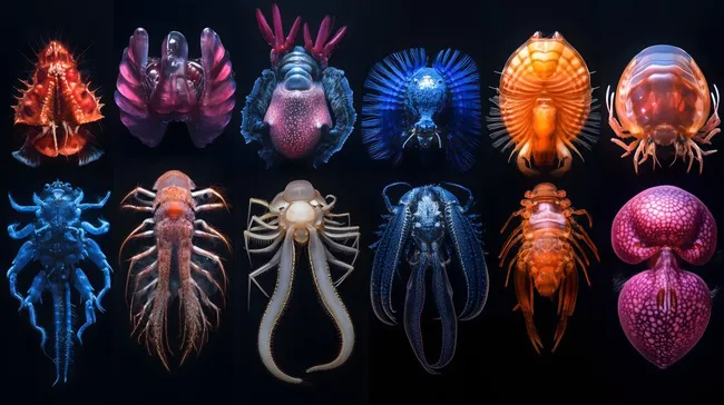 Farbenprächtige Tiefseekreaturen-Collage