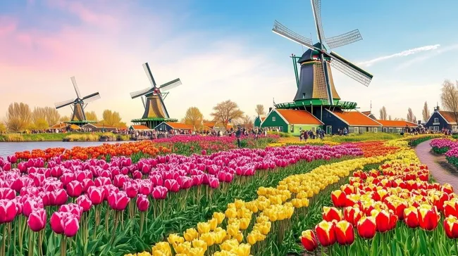 Farbenprächtige Tulpenfelder vor historischen Holländischen Windmühlen