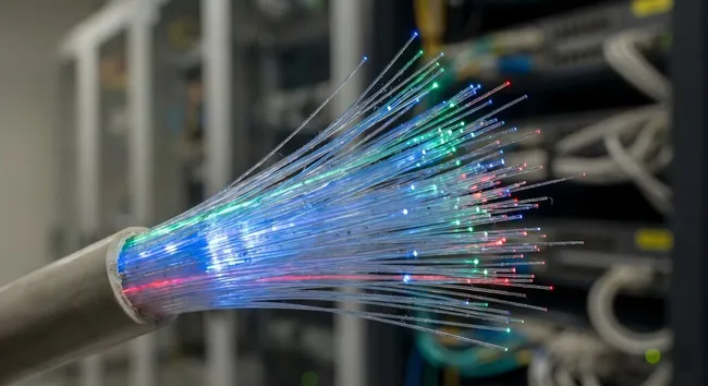 Farbenprächtiger Lichtstrom in Glasfaserkabeln