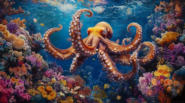 Farbenprächtiger Oktopus in korallenreichem Unterwasser-Paradies