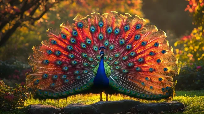 Farbenprächtiger Pfau im sonnenbeschienenen Garten