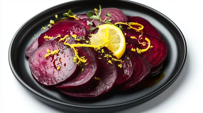 Farbenprächtiges Carpaccio aus roten Beten mit Zitronenzesten