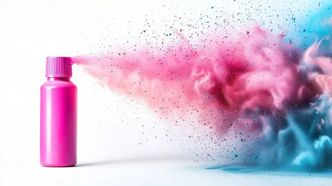 Farbexplosion aus pinker Spraydose auf weißem Hintergrund