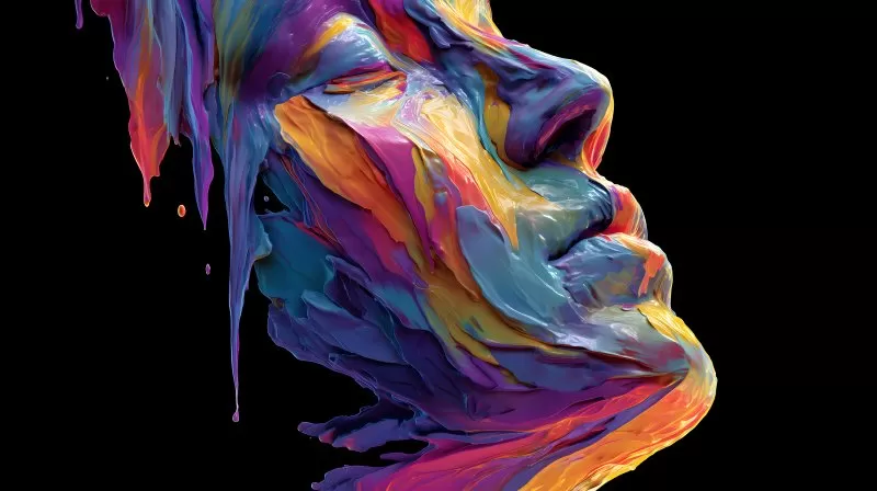 Farbige abstrakte Gesichtsskulptur mit Farbströmen