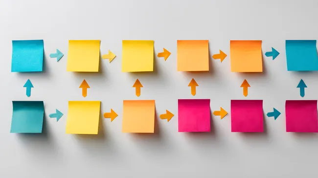 Farbige Haftnotizen auf Grau als Projekt-Zeitstrahl