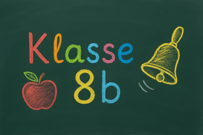 Farbige Tafel mit Schulrequisiten und Aufschrift 'Klasse 8b'