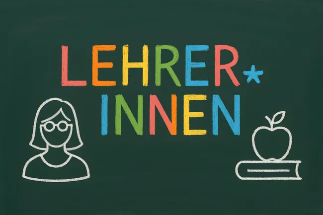 Farbiges Kreideporträt einer Lehrerin mit Lehrmitteln