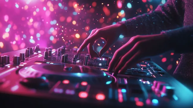 Farbintensive DJ-Atmosphäre mit Mischpult und Disco-Lichtern