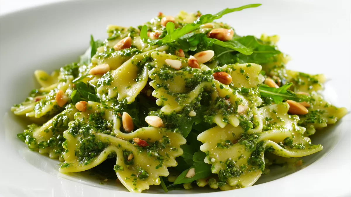 Farfalle mit frischem Rucolapesto und Pinienkernen