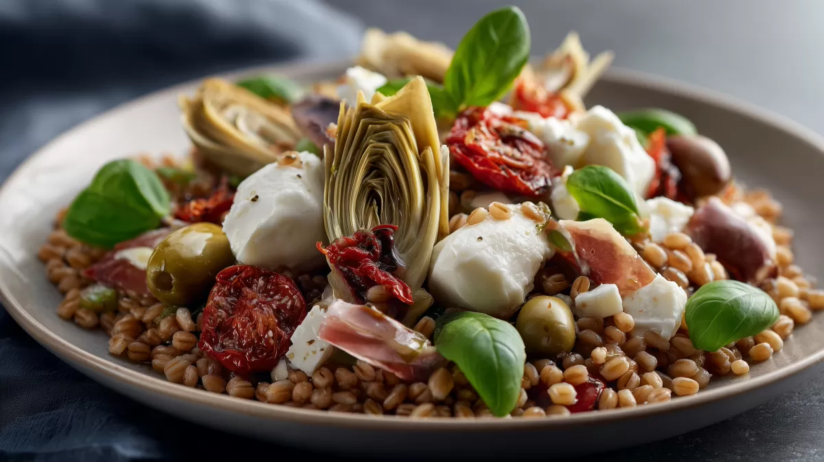Farro Salat mit Antipasti, Artischocken und Mozzarella
