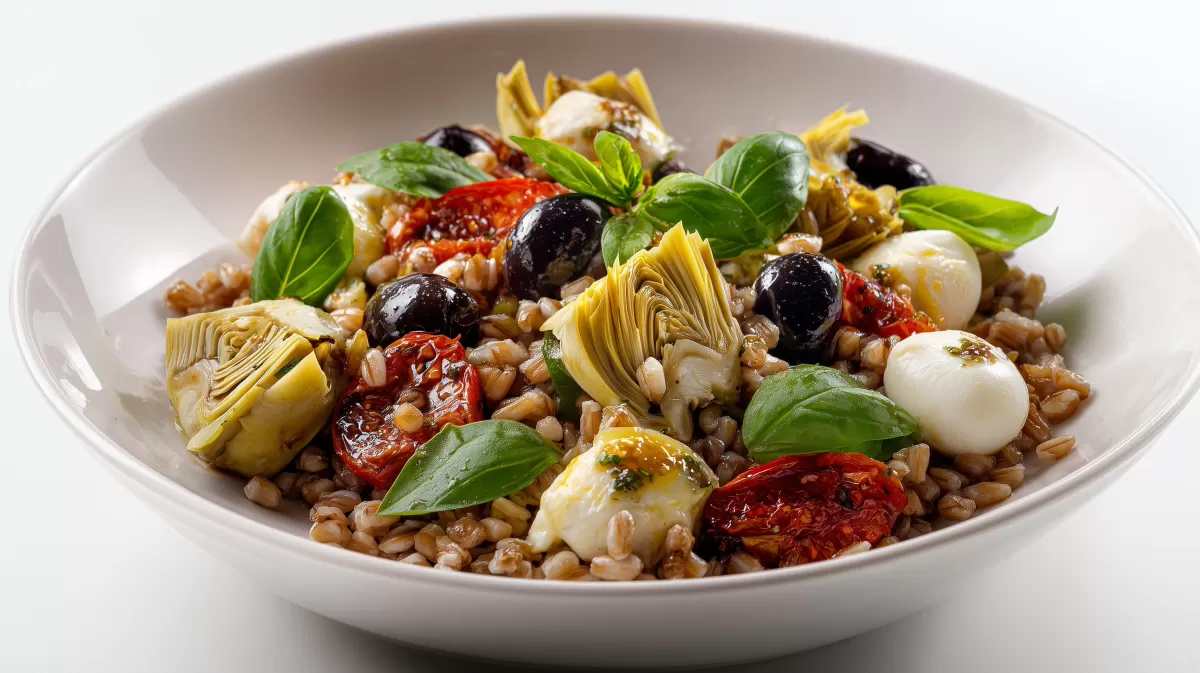Farro Salat mit Antipasti, Artischocken und Oliven