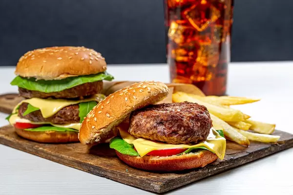 Fast food set on old kitchen Board (Flip 2019)