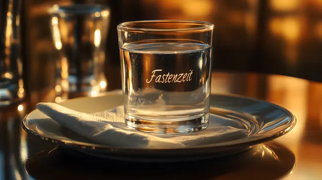 Fastenzeit-Glas auf Teller in warmen Farben