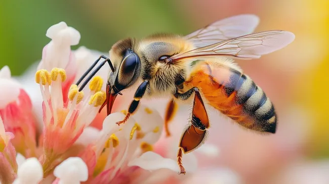 Faszinierende Nahaufnahme einer Honigbiene beim Nektarsammeln