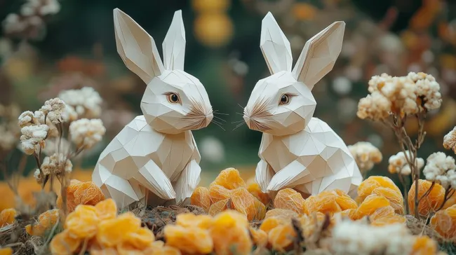Faszinierende Origami-Hasen in blühender Umgebung