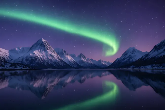 Faszinierende Polarlichtspiegelung in ruhigem Fjord
