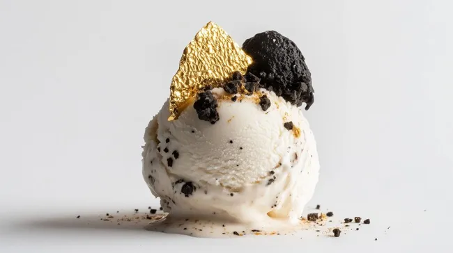Faszinierende Schwarze Diamant-Eiscreme mit Vanille und Goldauflage